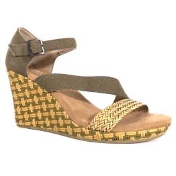 Toms NWT Clarissa check olive wedge Heels size 9 canvas - Picture 2 of 8